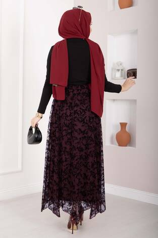 Flok Baskılı Asimetrik Kesim Tül Etek Bordo - Thumbnail