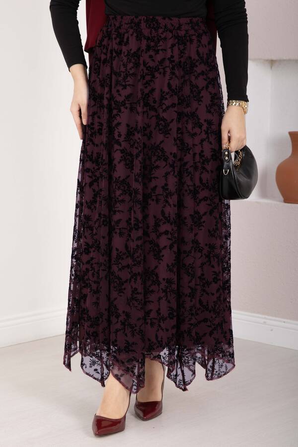 MD - Flok Baskılı Asimetrik Kesim Tül Etek Bordo (1)