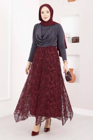 Flok Baskılı Asimetrik Kesim Tül Etek Bordo