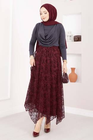 Flok Baskılı Asimetrik Kesim Tül Etek Bordo - Thumbnail