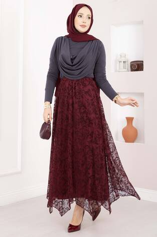 Flok Baskılı Asimetrik Kesim Tül Etek Bordo - Thumbnail