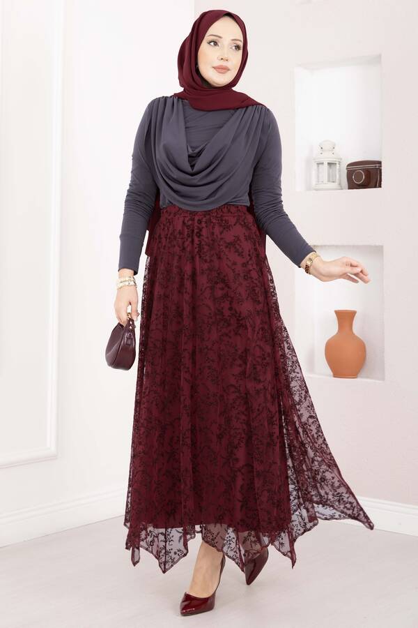 Flok Baskılı Asimetrik Kesim Tül Etek Bordo - 4