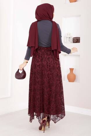 Flok Baskılı Asimetrik Kesim Tül Etek Bordo - Thumbnail