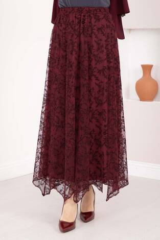 Flok Baskılı Asimetrik Kesim Tül Etek Bordo - Thumbnail