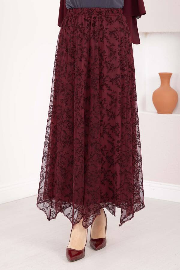 MD - Flok Baskılı Asimetrik Kesim Tül Etek Bordo (1)