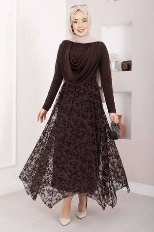 Flok Baskılı Asimetrik Kesim Tül Etek Kahve - Thumbnail
