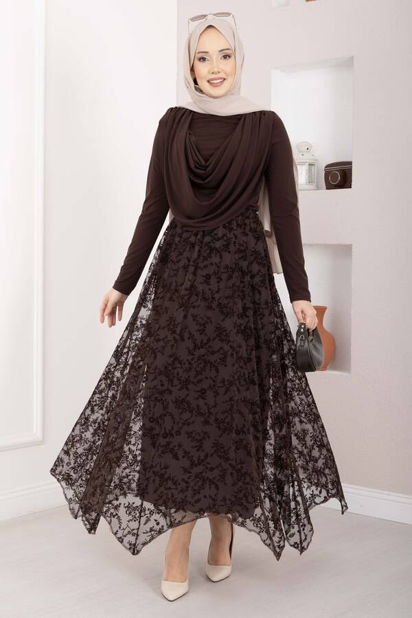 MD - Flok Baskılı Asimetrik Kesim Tül Etek Kahve