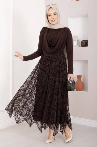 Flok Baskılı Asimetrik Kesim Tül Etek Kahve - Thumbnail