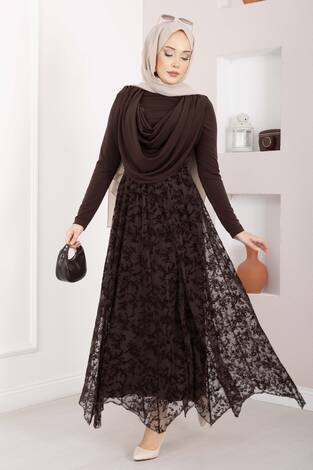 Flok Baskılı Asimetrik Kesim Tül Etek Kahve - Thumbnail