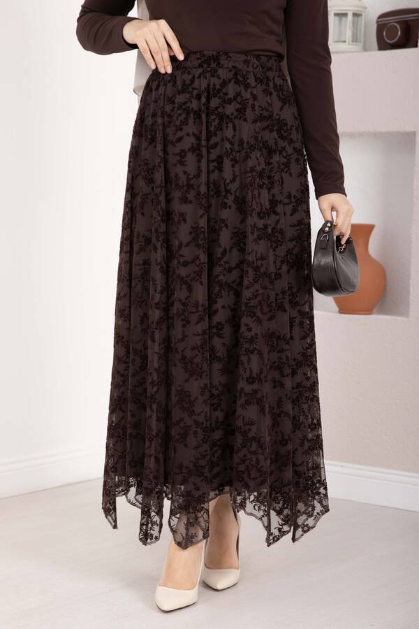MD - Flok Baskılı Asimetrik Kesim Tül Etek Kahve (1)