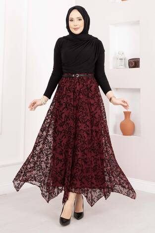 Flok Baskılı Asimetrik Kesim Tül Etek Mürdüm - Thumbnail