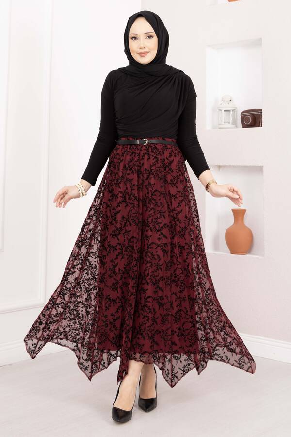MD - Flok Baskılı Asimetrik Kesim Tül Etek Mürdüm