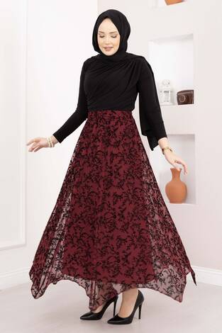 Flok Baskılı Asimetrik Kesim Tül Etek Mürdüm - Thumbnail