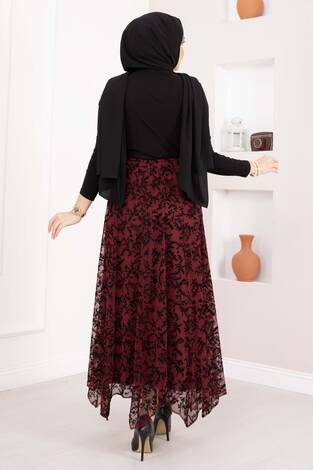 Flok Baskılı Asimetrik Kesim Tül Etek Mürdüm - Thumbnail