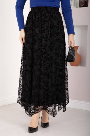 Flok Baskılı Asimetrik Kesim Tül Etek Siyah - Thumbnail