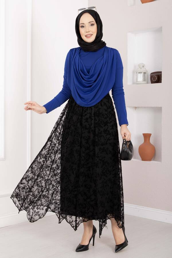 MD - Flok Baskılı Asimetrik Kesim Tül Etek Siyah