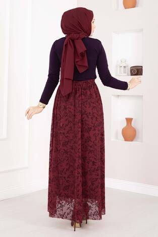 Flok Baskılı Astarlı Tül Etek Bordo - Thumbnail