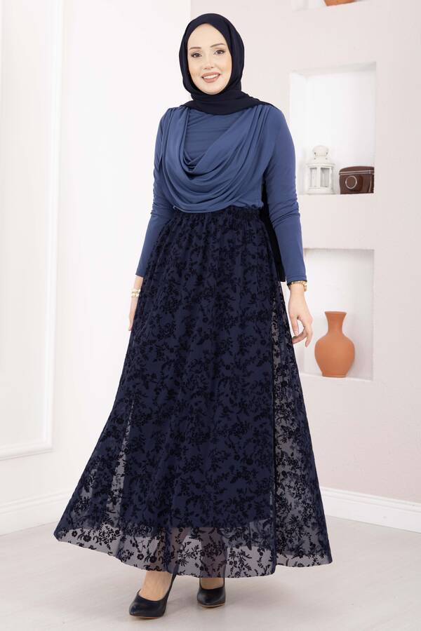 Oc - Flok Baskılı Astarlı Tül Etek Lacivert