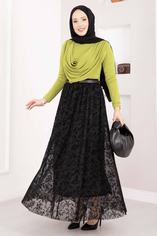 Oc - Flok Baskılı Astarlı Tül Etek Siyah