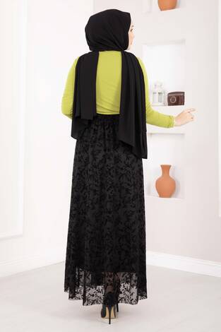 Flok Baskılı Astarlı Tül Etek Siyah - Thumbnail