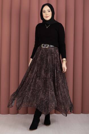 Flok Baskılı Şifon Etek Açık Kahve - Thumbnail