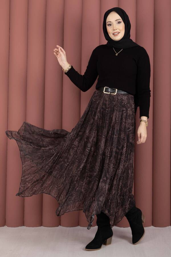 Efl - Flok Baskılı Şifon Etek Açık Kahve