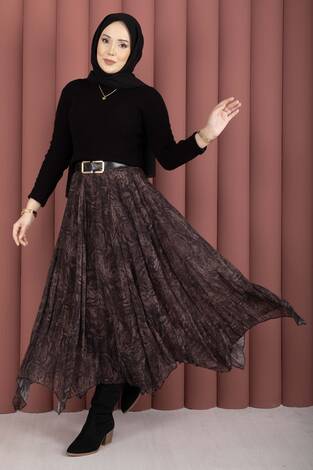 Flok Baskılı Şifon Etek Açık Kahve - Thumbnail