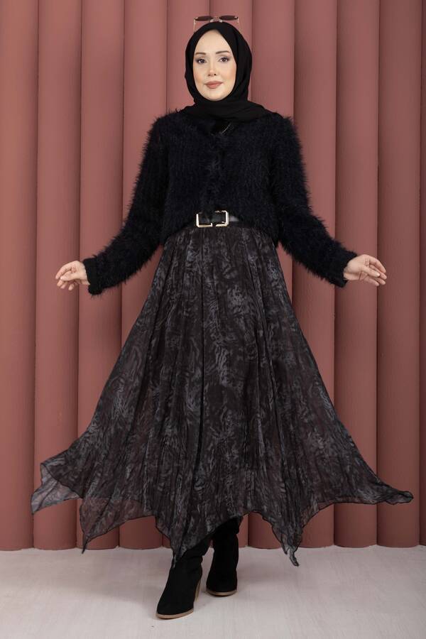 Efl - Flok Baskılı Şifon Etek Füme