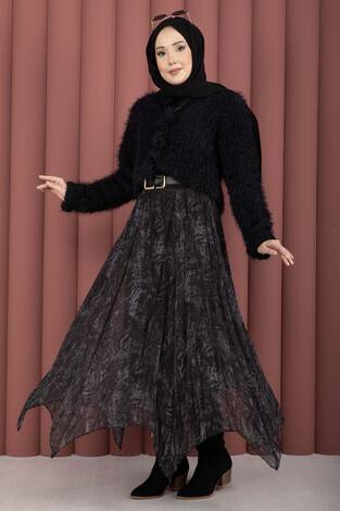 Flok Baskılı Şifon Etek Füme - Thumbnail