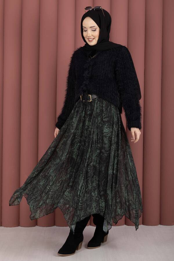 Efl - Flok Baskılı Şifon Etek Zümrüt