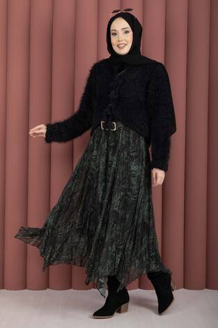 Flok Baskılı Şifon Etek Zümrüt - Thumbnail