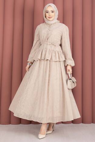 Flok Baskılı Yaka Fırfır Detaylı İçi Astarlı Etek Takım Bej