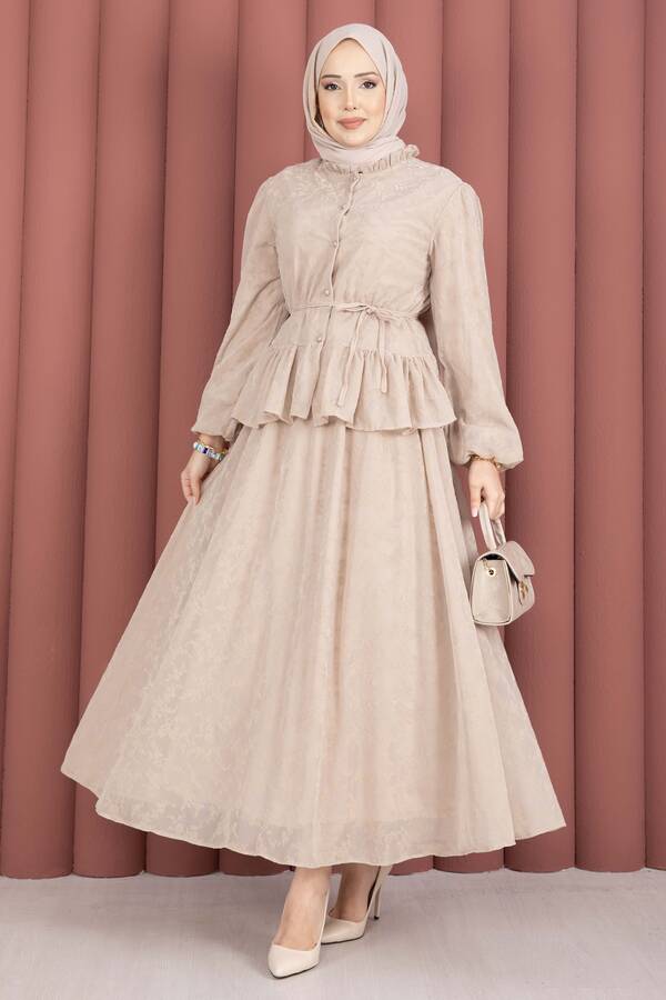 Svs - Flok Baskılı Yaka Fırfır Detaylı İçi Astarlı Etek Takım Bej