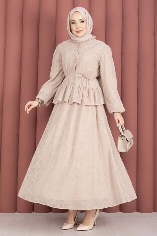 Flok Baskılı Yaka Fırfır Detaylı İçi Astarlı Etek Takım Bej - Thumbnail