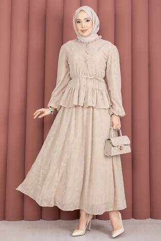 Flok Baskılı Yaka Fırfır Detaylı İçi Astarlı Etek Takım Bej - Thumbnail