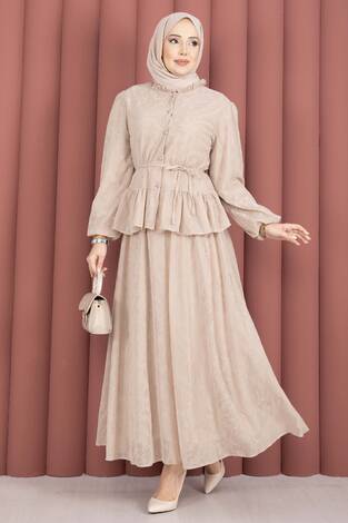 Flok Baskılı Yaka Fırfır Detaylı İçi Astarlı Etek Takım Bej - Thumbnail