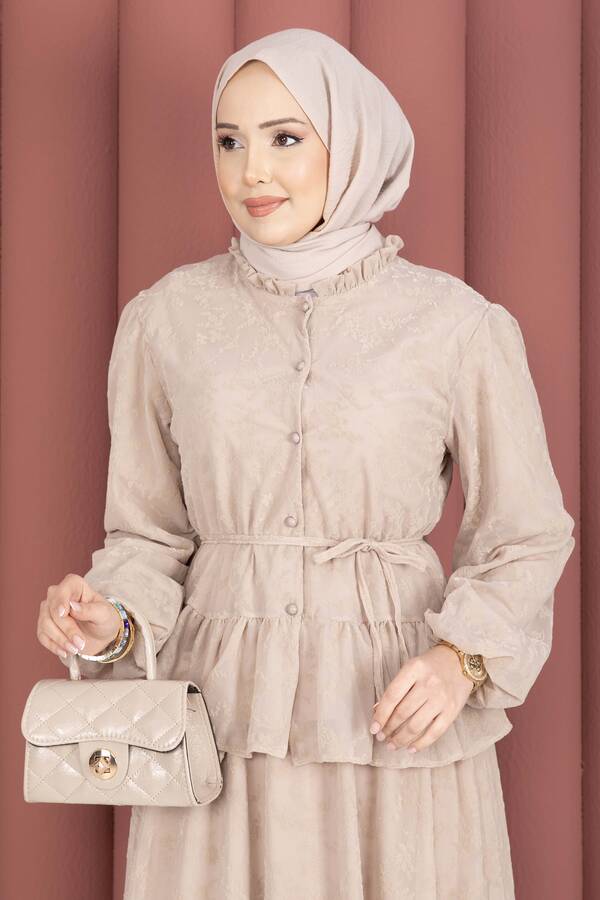 Svs - Flok Baskılı Yaka Fırfır Detaylı İçi Astarlı Etek Takım Bej (1)