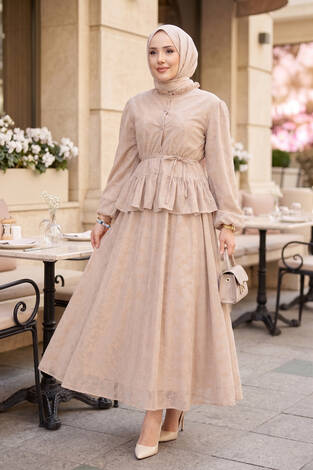 Flok Baskılı Yaka Fırfır Detaylı İçi Astarlı Etek Takım Bej - Thumbnail