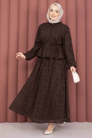 Flok Baskılı Yaka Fırfır Detaylı İçi Astarlı Etek Takım Kahve - Thumbnail