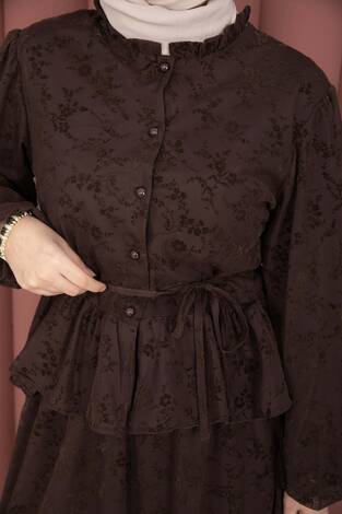 Flok Baskılı Yaka Fırfır Detaylı İçi Astarlı Etek Takım Kahve - Thumbnail