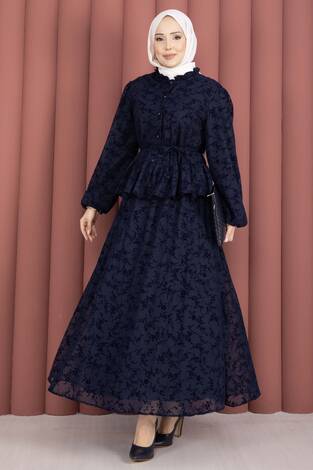 Flok Baskılı Yaka Fırfır Detaylı İçi Astarlı Etek Takım Lacivert - Thumbnail