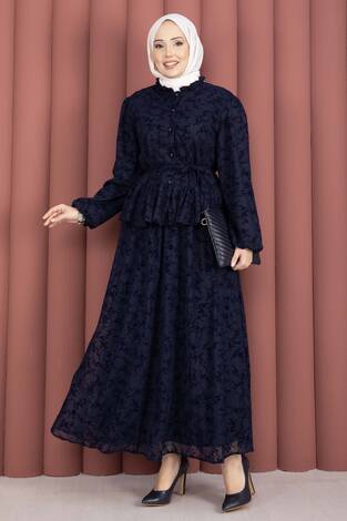 Flok Baskılı Yaka Fırfır Detaylı İçi Astarlı Etek Takım Lacivert - Thumbnail