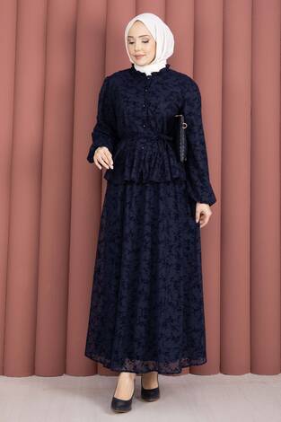 Flok Baskılı Yaka Fırfır Detaylı İçi Astarlı Etek Takım Lacivert - Thumbnail