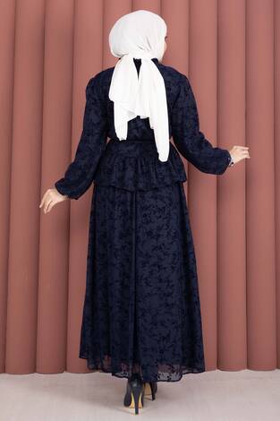 Flok Baskılı Yaka Fırfır Detaylı İçi Astarlı Etek Takım Lacivert - Thumbnail