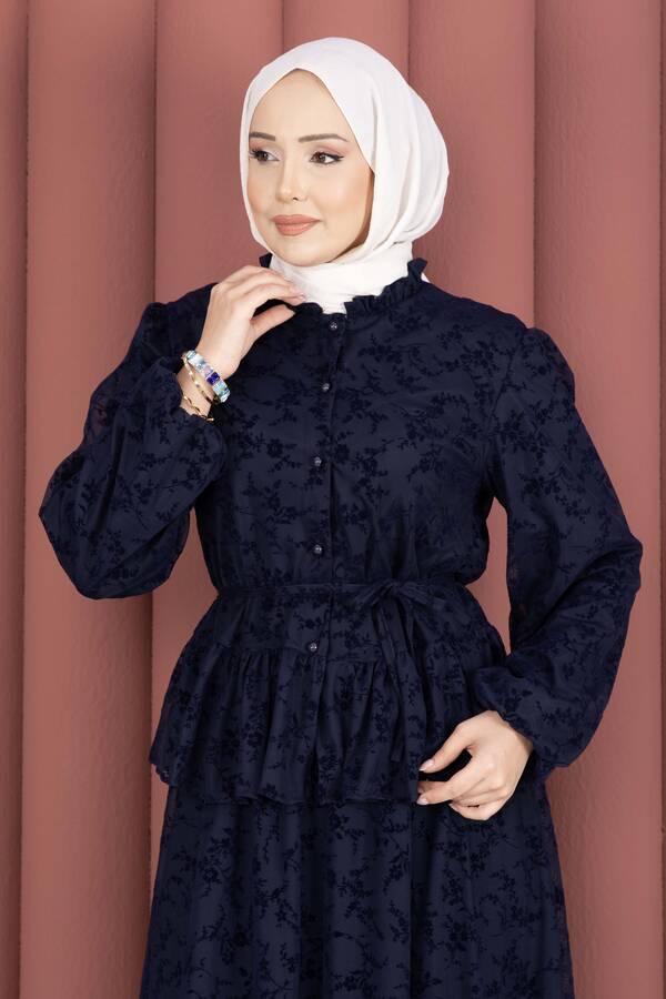 Svs - Flok Baskılı Yaka Fırfır Detaylı İçi Astarlı Etek Takım Lacivert (1)