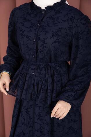 Flok Baskılı Yaka Fırfır Detaylı İçi Astarlı Etek Takım Lacivert - Thumbnail