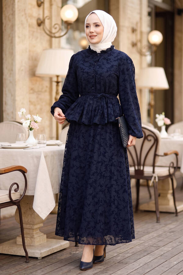 Svs - Flok Baskılı Yaka Fırfır Detaylı İçi Astarlı Etek Takım Lacivert