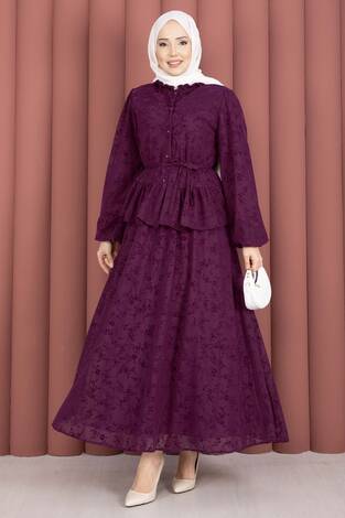 Flok Baskılı Yaka Fırfır Detaylı İçi Astarlı Etek Takım Mürdüm - Thumbnail