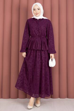 Flok Baskılı Yaka Fırfır Detaylı İçi Astarlı Etek Takım Mürdüm - Thumbnail