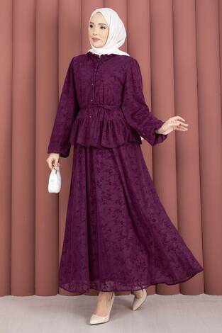 Flok Baskılı Yaka Fırfır Detaylı İçi Astarlı Etek Takım Mürdüm - Thumbnail